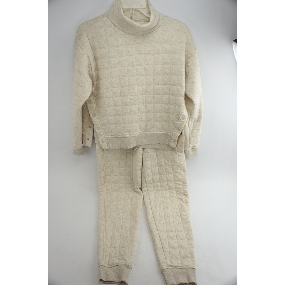 90 Degree by Reflex Quilted Pullover Jogger Set S Beige Mock Neck Excellent